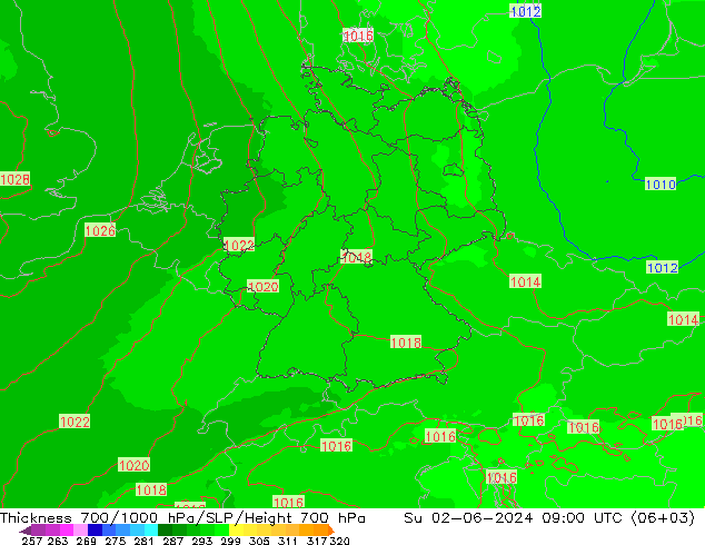 Thck 700-1000 hPa UK-Global Ne 02.06.2024 09 UTC