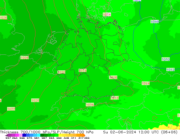 Thck 700-1000 hPa UK-Global  02.06.2024 12 UTC