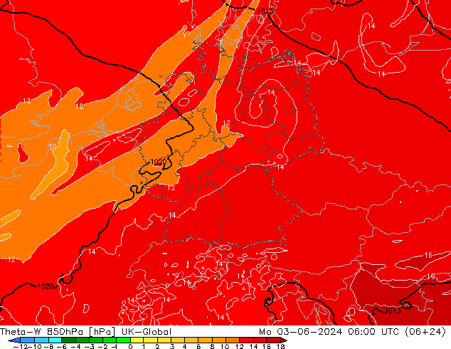 Theta-W 850hPa UK-Global Mo 03.06.2024 06 UTC