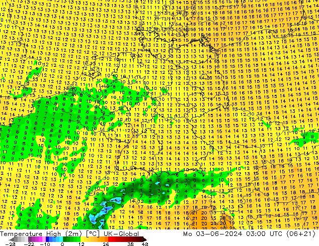 Temperature High (2m) UK-Global 星期一 03.06.2024 03 UTC