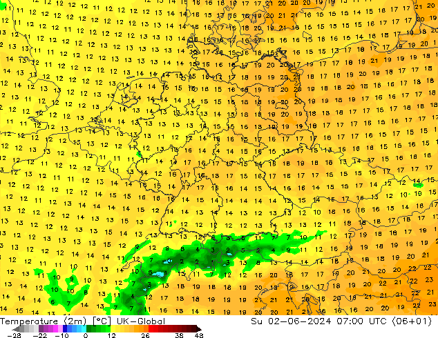 Temperature (2m) UK-Global Su 02.06.2024 07 UTC