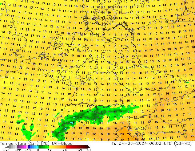 Temperature (2m) UK-Global Tu 04.06.2024 06 UTC