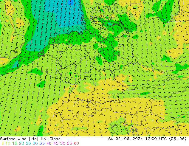 Viento 10 m UK-Global dom 02.06.2024 12 UTC