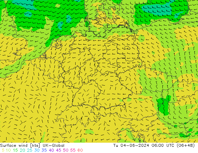 Surface wind UK-Global Út 04.06.2024 06 UTC