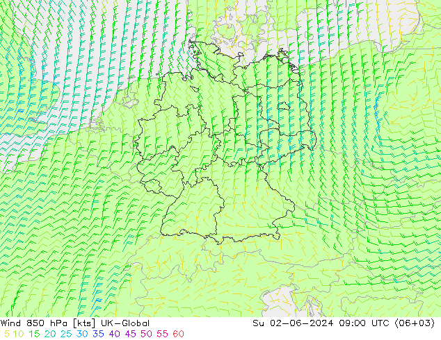 Wind 850 hPa UK-Global Su 02.06.2024 09 UTC