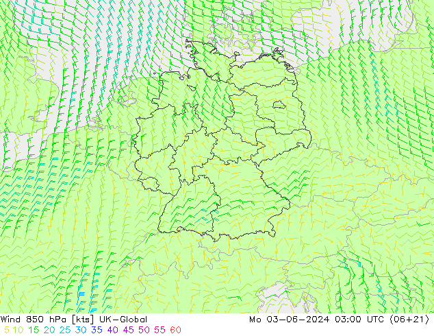 风 850 hPa UK-Global 星期一 03.06.2024 03 UTC