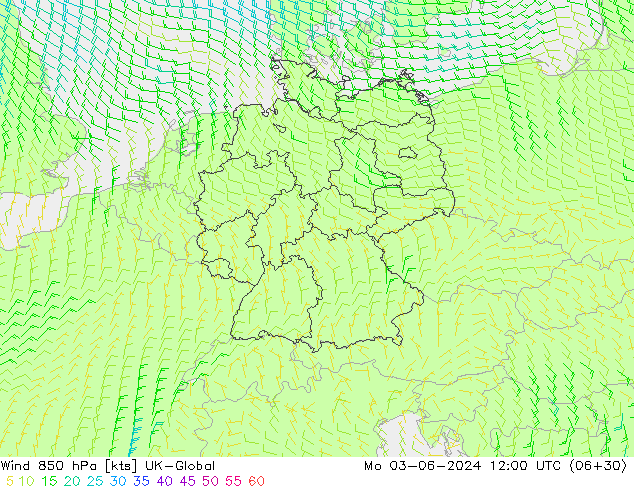 Wind 850 hPa UK-Global Mo 03.06.2024 12 UTC