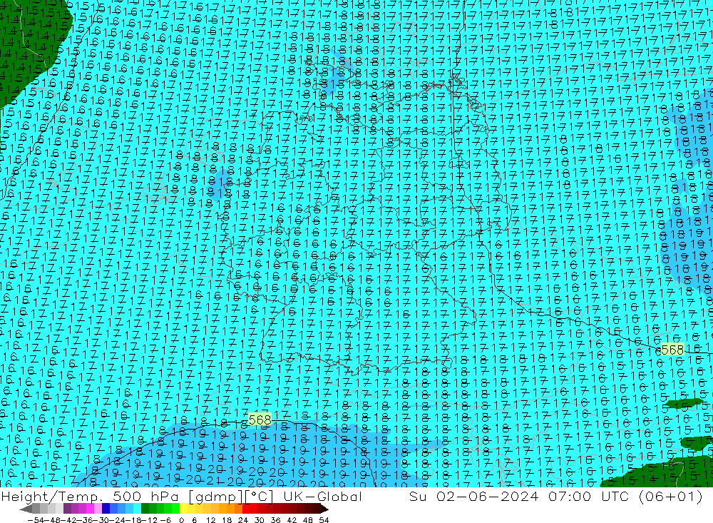 Hoogte/Temp. 500 hPa UK-Global zo 02.06.2024 07 UTC