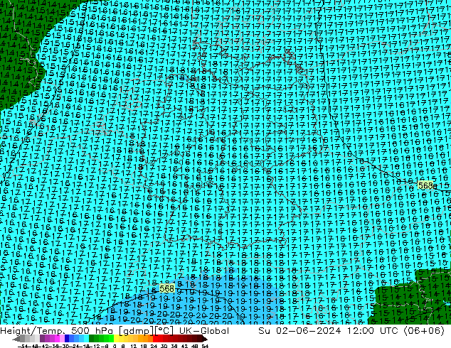 Hoogte/Temp. 500 hPa UK-Global zo 02.06.2024 12 UTC