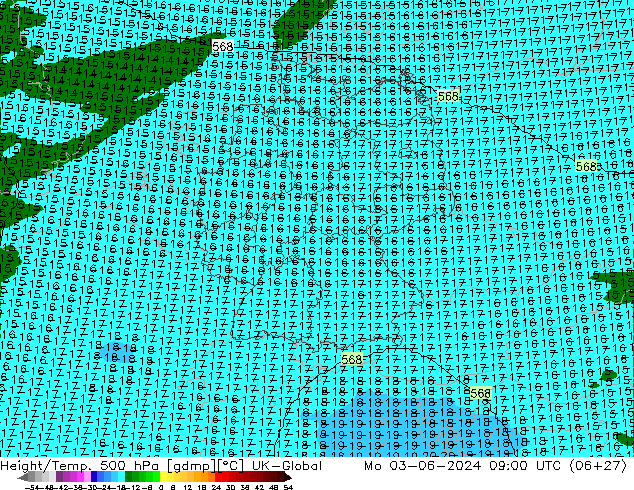 Height/Temp. 500 hPa UK-Global Mo 03.06.2024 09 UTC