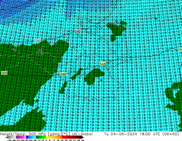 Height/Temp. 500 hPa UK-Global Di 04.06.2024 18 UTC