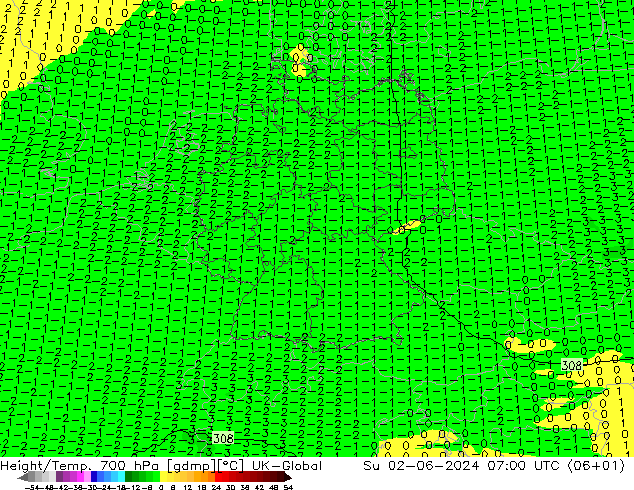 Géop./Temp. 700 hPa UK-Global dim 02.06.2024 07 UTC