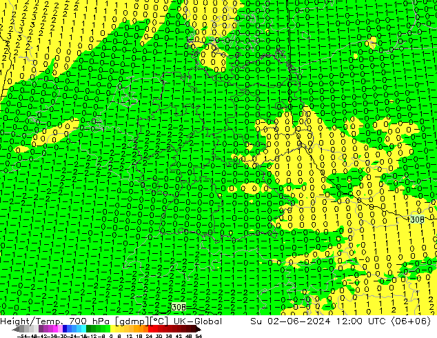 Geop./Temp. 700 hPa UK-Global dom 02.06.2024 12 UTC