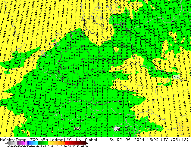 Geop./Temp. 700 hPa UK-Global dom 02.06.2024 18 UTC