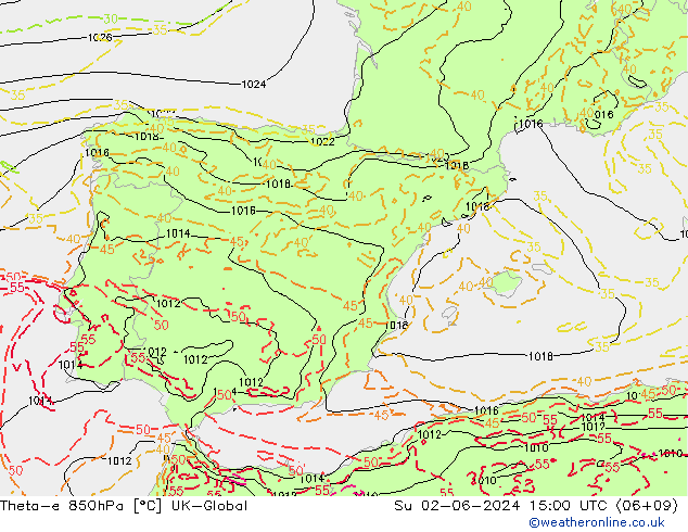 Theta-e 850hPa UK-Global So 02.06.2024 15 UTC