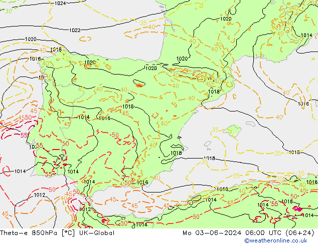 Theta-e 850hPa UK-Global Pzt 03.06.2024 06 UTC