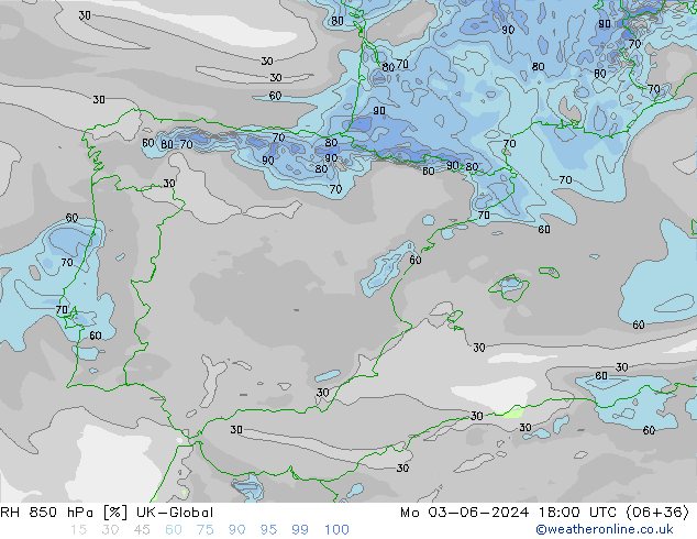 RH 850 hPa UK-Global lun 03.06.2024 18 UTC