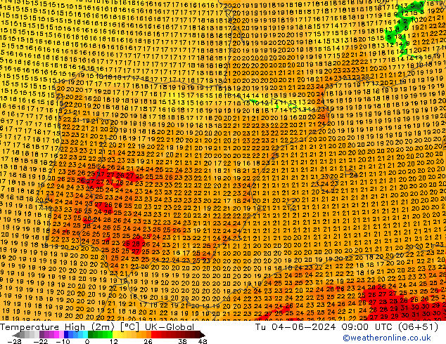 Temperature High (2m) UK-Global Tu 04.06.2024 09 UTC