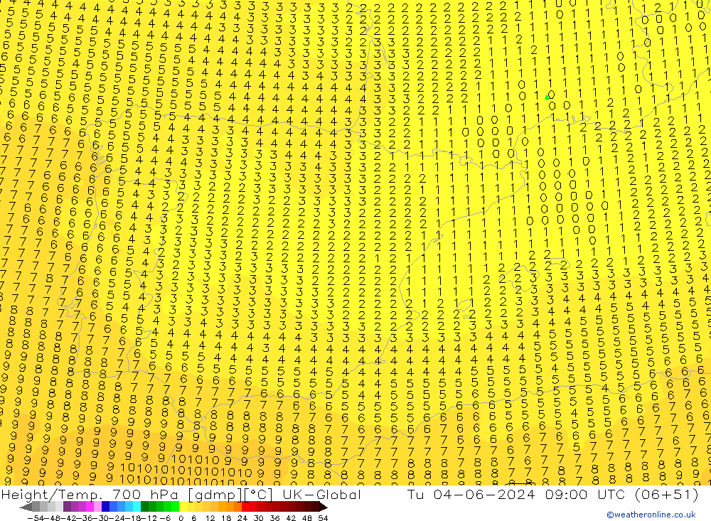 Height/Temp. 700 hPa UK-Global Tu 04.06.2024 09 UTC