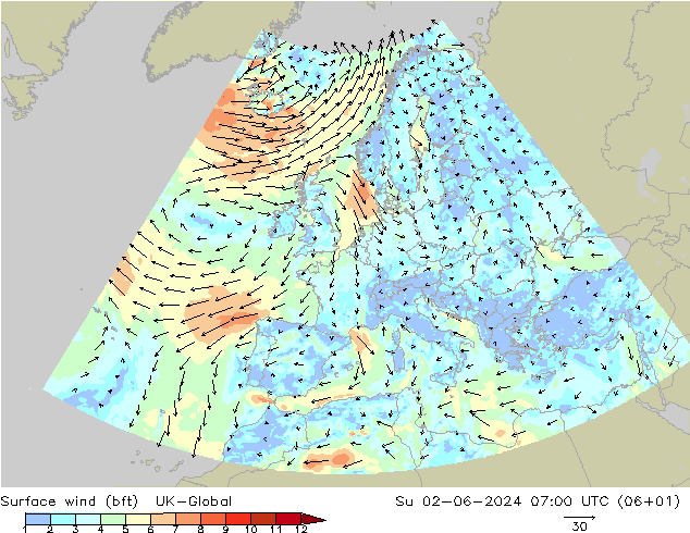 Surface wind (bft) UK-Global Ne 02.06.2024 07 UTC