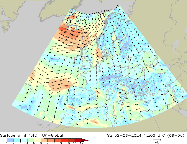 Surface wind (bft) UK-Global Ne 02.06.2024 12 UTC