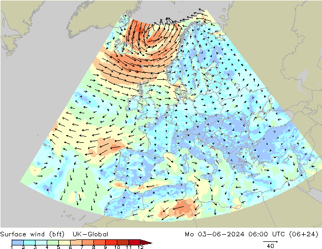 Wind 10 m (bft) UK-Global ma 03.06.2024 06 UTC