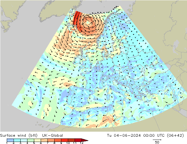 Surface wind (bft) UK-Global Út 04.06.2024 00 UTC
