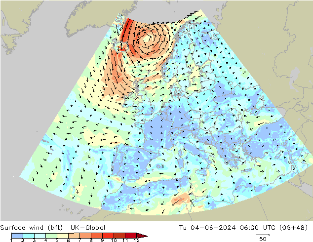 Bodenwind (bft) UK-Global Di 04.06.2024 06 UTC