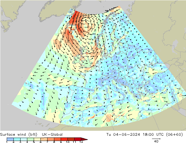 Surface wind (bft) UK-Global Tu 04.06.2024 18 UTC