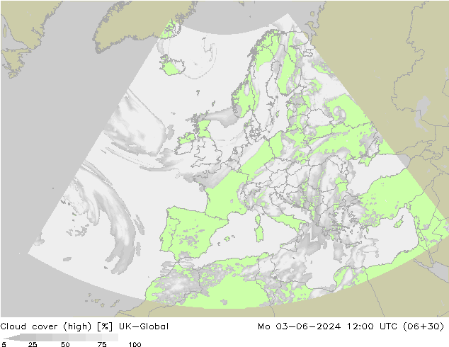 Cloud cover (high) UK-Global Mo 03.06.2024 12 UTC