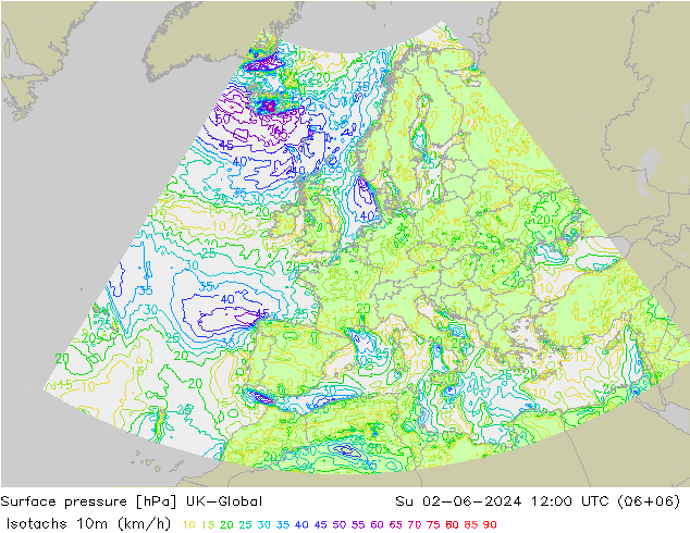 10米等风速线 (kph) UK-Global 星期日 02.06.2024 12 UTC