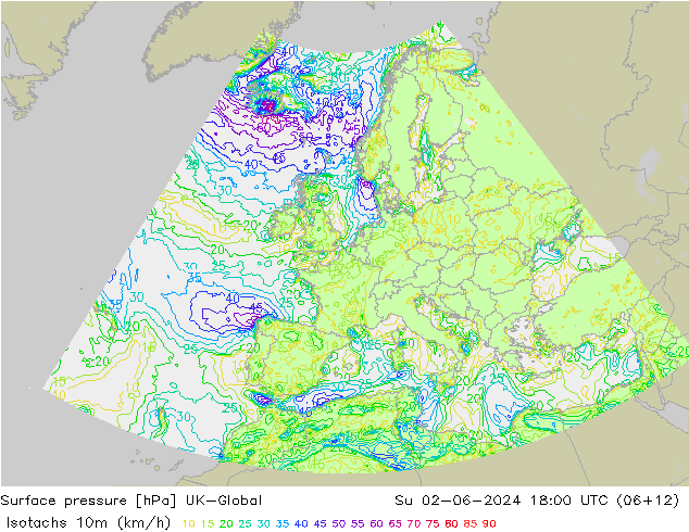 Isotachen (km/h) UK-Global So 02.06.2024 18 UTC