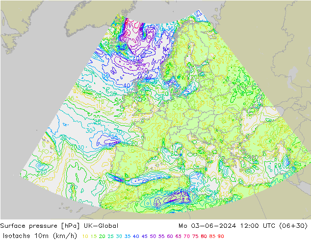 Isotachen (km/h) UK-Global Mo 03.06.2024 12 UTC