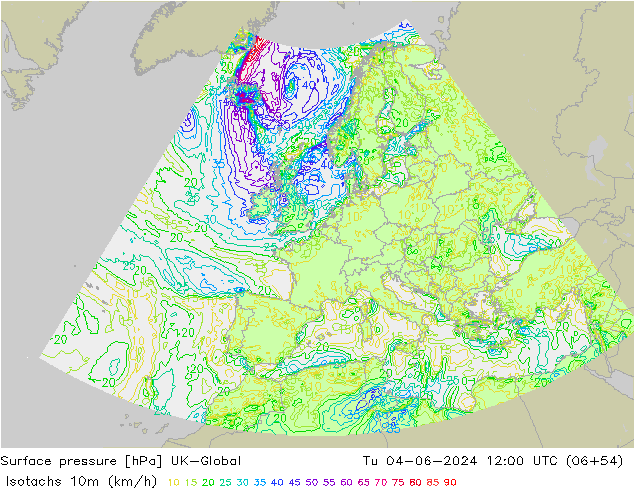 Eşrüzgar Hızları (km/sa) UK-Global Sa 04.06.2024 12 UTC