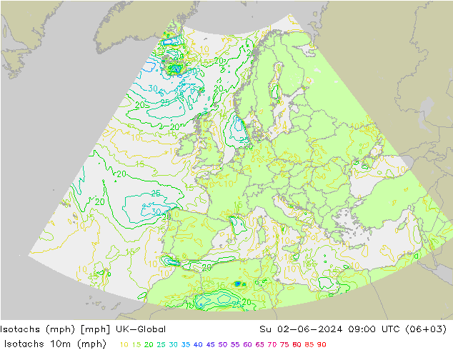 Isotachs (mph) UK-Global 星期日 02.06.2024 09 UTC