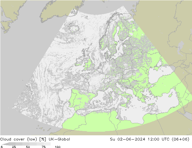 Bewolking (Laag) UK-Global zo 02.06.2024 12 UTC