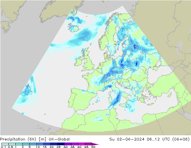 Precipitation (6h) UK-Global Ne 02.06.2024 12 UTC