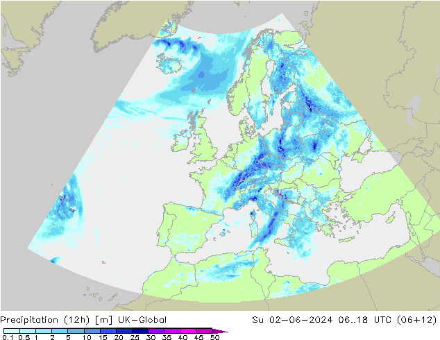 Precipitation (12h) UK-Global Ne 02.06.2024 18 UTC