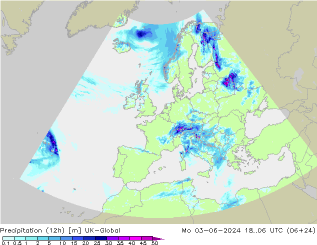 降水量 (12h) UK-Global 星期一 03.06.2024 06 UTC