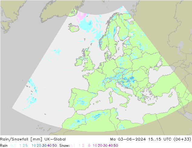 Rain/Snowfall UK-Global pon. 03.06.2024 15 UTC