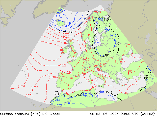 Surface pressure UK-Global Su 02.06.2024 09 UTC