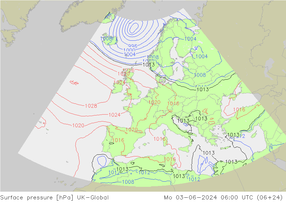 地面气压 UK-Global 星期一 03.06.2024 06 UTC