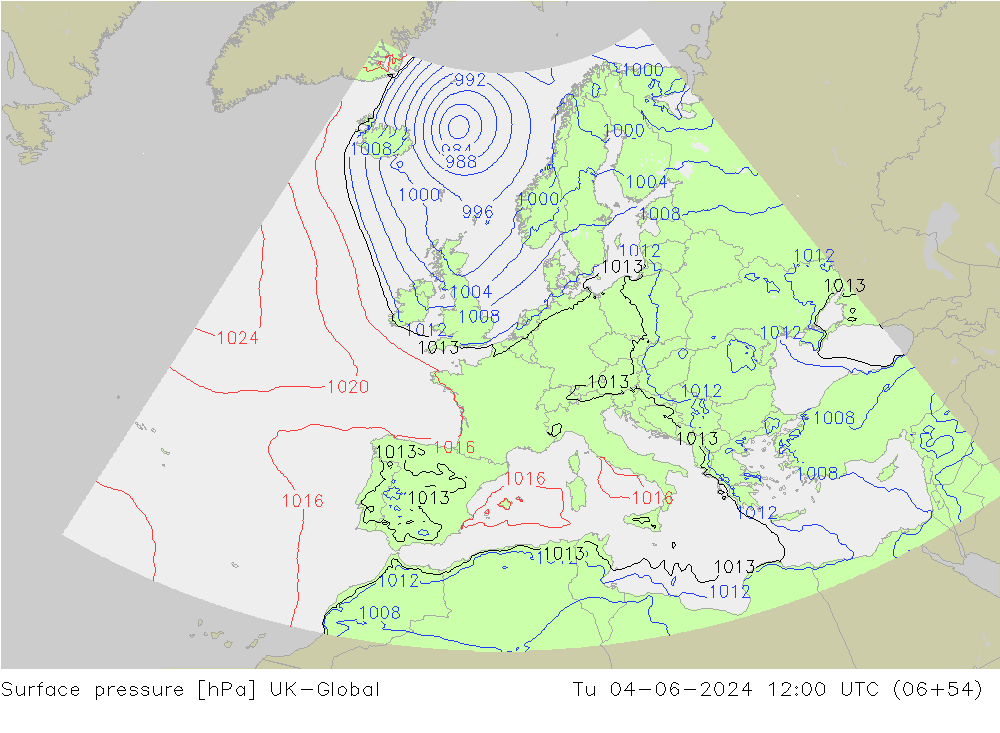 Surface pressure UK-Global Tu 04.06.2024 12 UTC