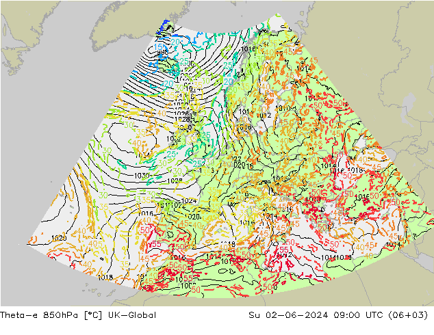 Theta-e 850hPa UK-Global zo 02.06.2024 09 UTC