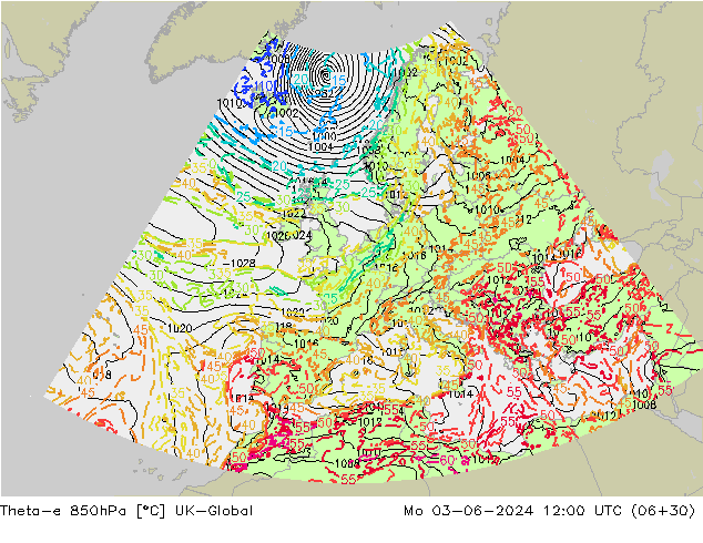 Theta-e 850гПа UK-Global пн 03.06.2024 12 UTC