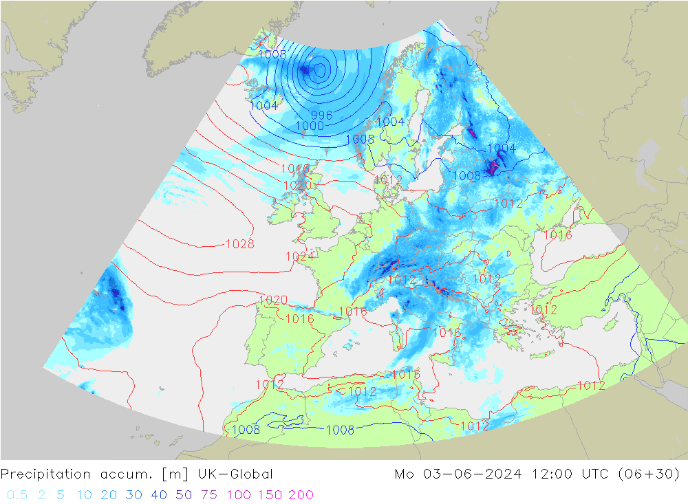 Precipitation accum. UK-Global lun 03.06.2024 12 UTC