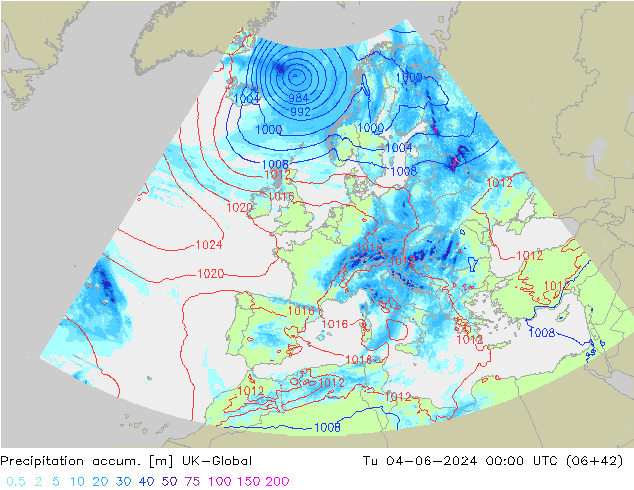 Precipitation accum. UK-Global  04.06.2024 00 UTC