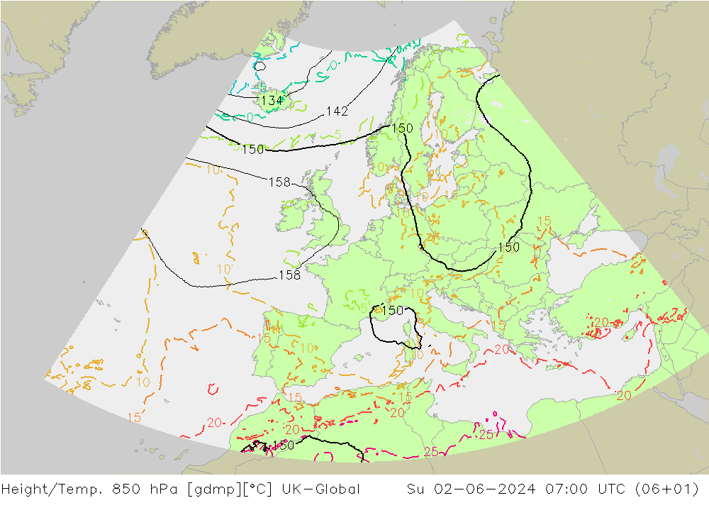 Height/Temp. 850 hPa UK-Global Dom 02.06.2024 07 UTC