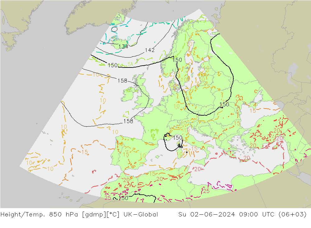 Geop./Temp. 850 hPa UK-Global dom 02.06.2024 09 UTC
