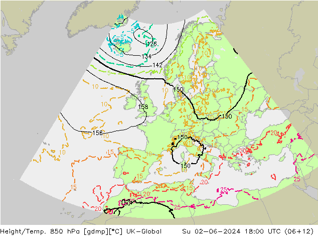 Height/Temp. 850 hPa UK-Global So 02.06.2024 18 UTC